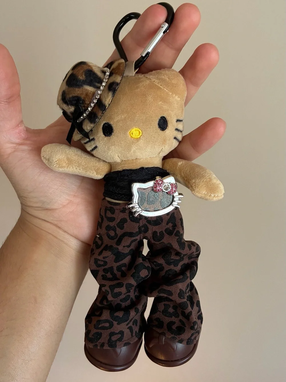 Hello Kitty Brown Leopard Plush Keychain with Black Top and Brown Shoes